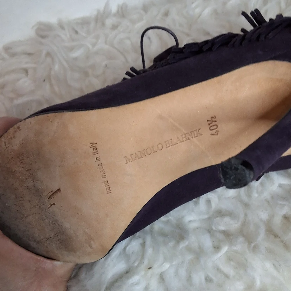 Manolo Blahnik Purple Suede Fringe Peep Toe Booties Tassel Stiletto Heels 40.5 - Picture 14 of 16